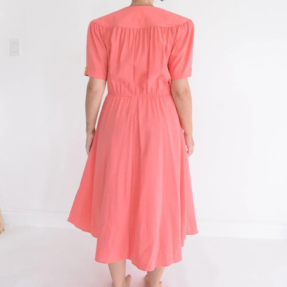 Vintage Cannes Collection Petite Coral Short Sleeve Gold  Button Midi Dress 9/10 - Picture 3 of 13